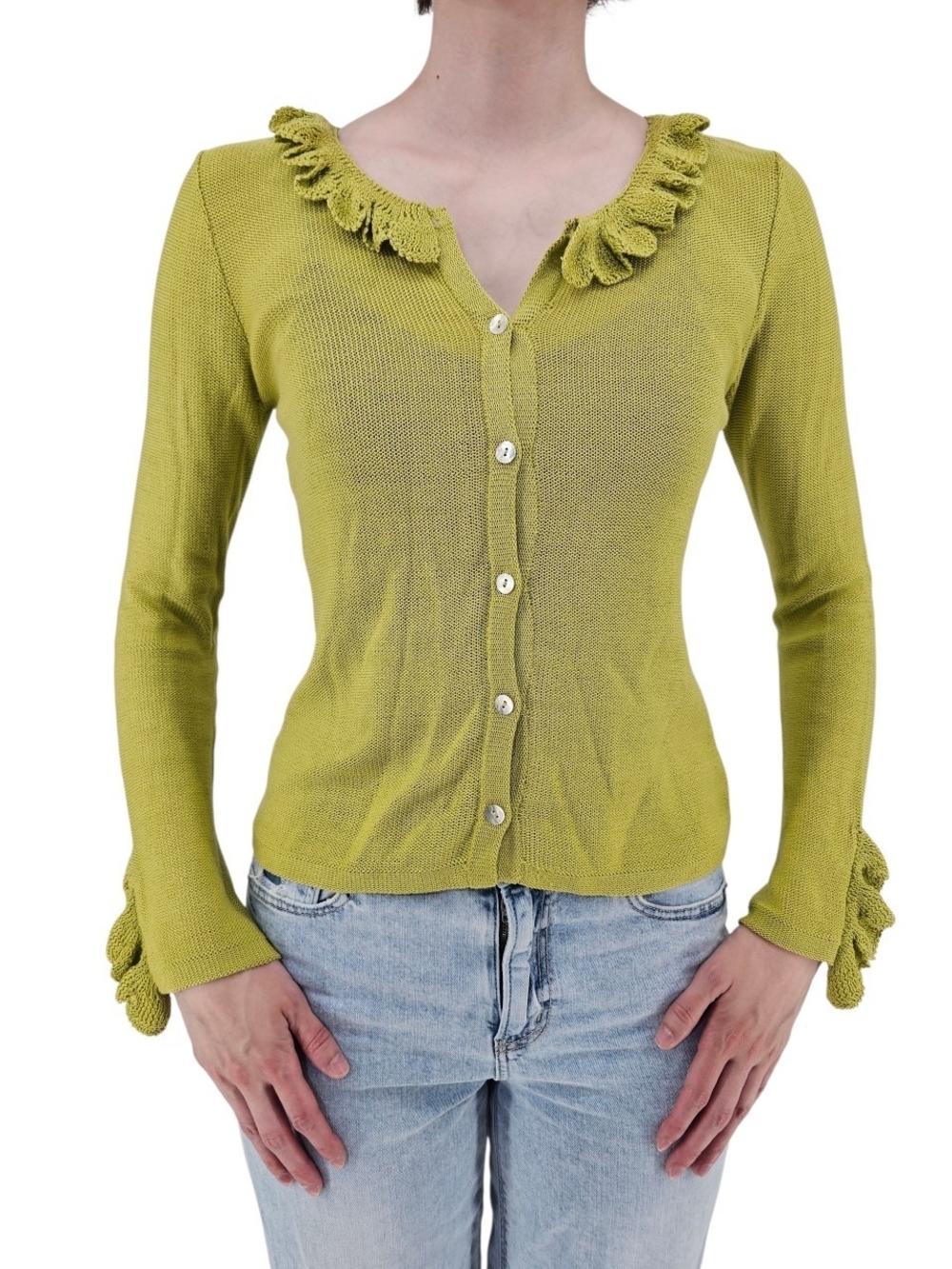 Vintage Beyond Threads Ruffle Knit Cardigan S Chartreuse Green Cotton Fairycore